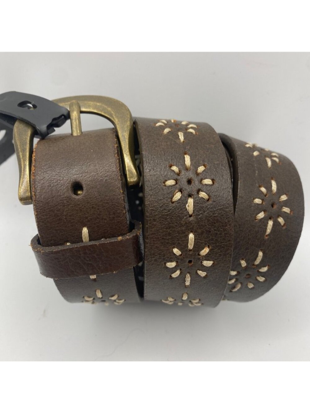 Genuine Leather Brown Belt Women's M Floral Cutout Western Boho Brass Buckle